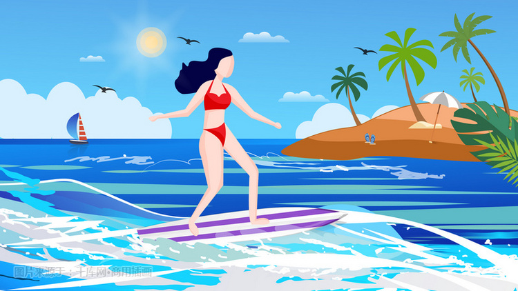夏季美女海上冲浪插画视频图片美女的刀腹部中图片