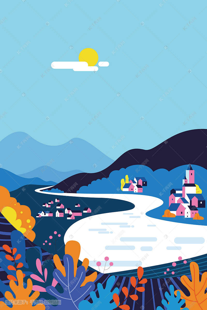 扁平风小城风景插画