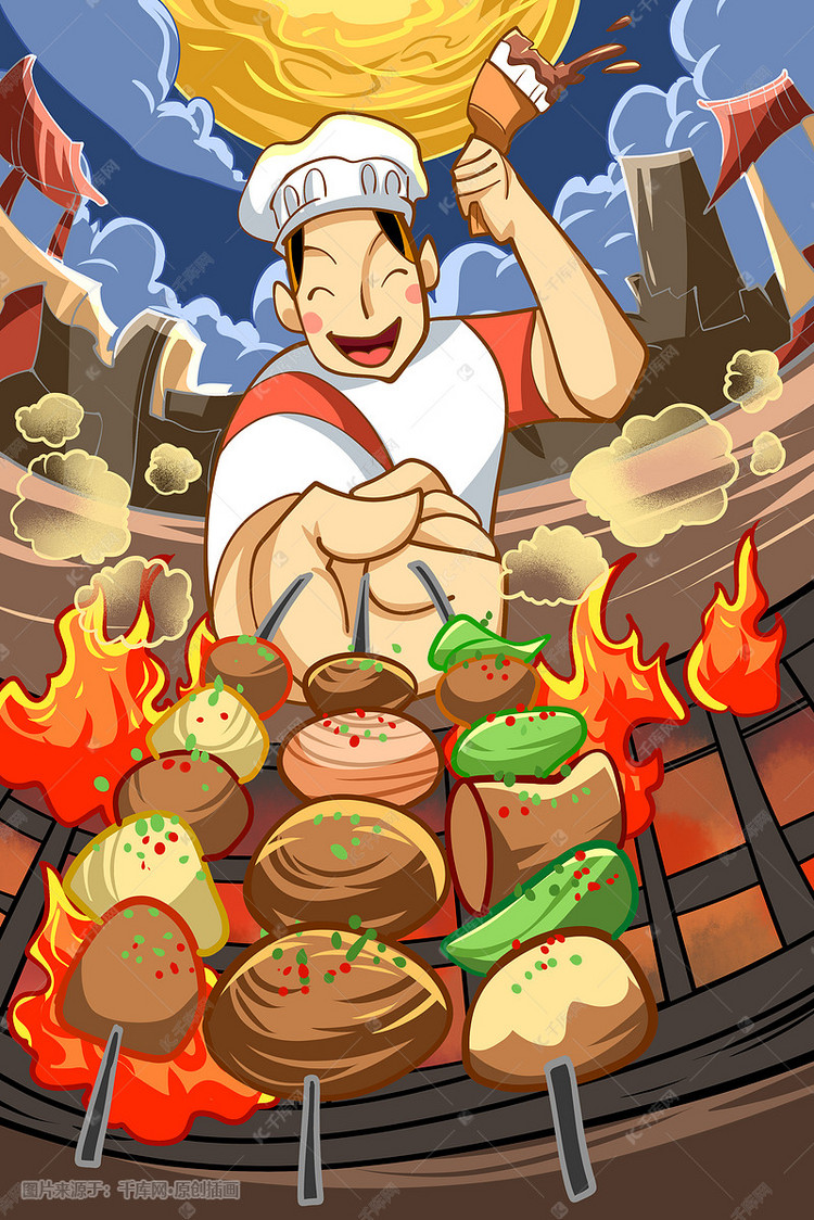 红色系卡通手绘风美食烧烤配图插画图片-千库网
