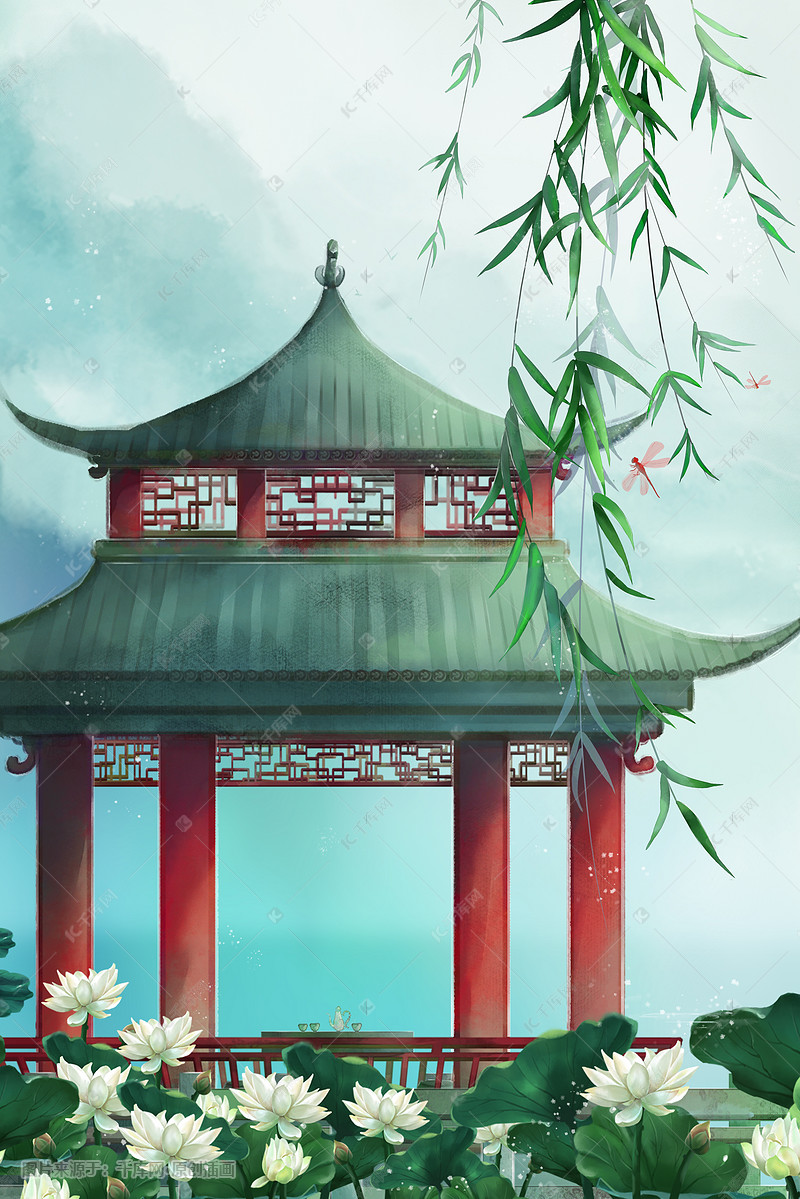 中国风初夏复古凉亭白莲池塘古风山水风景插画图片-千