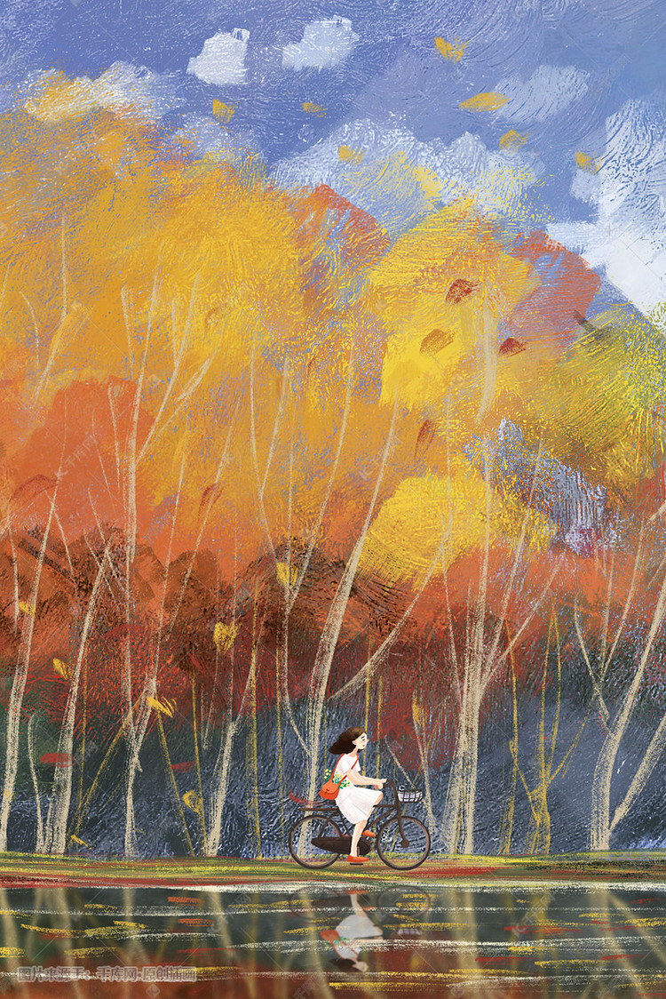 秋天树林森林风景骑车油画