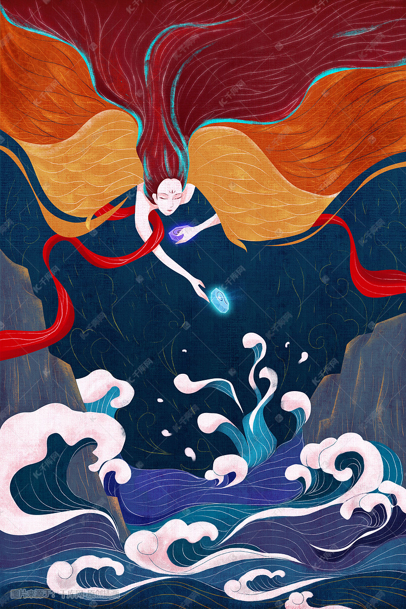 神话精卫填海手绘插画
