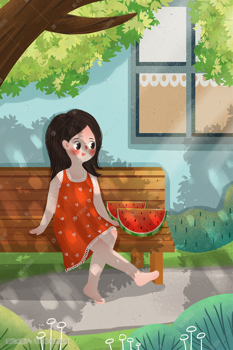夏天大暑节气女孩树下乘凉吃西瓜