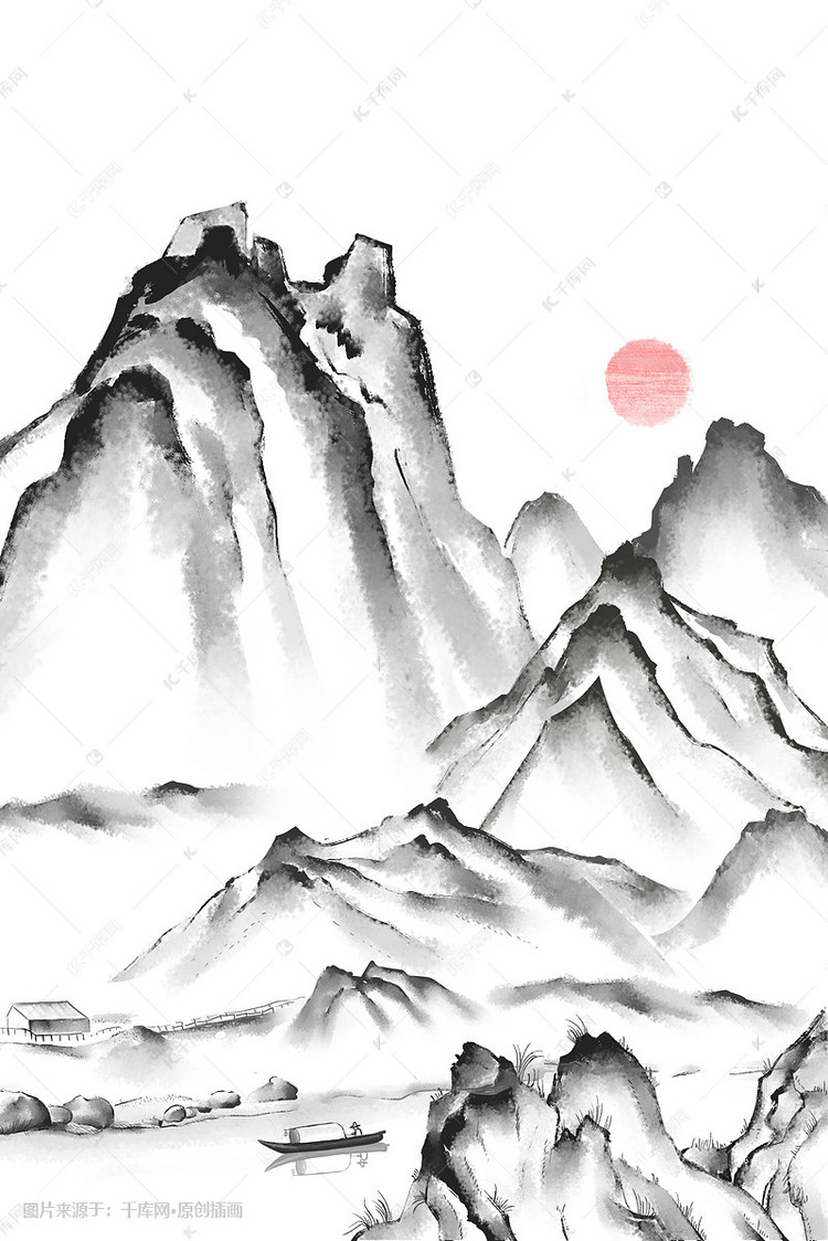 水墨山水画山峦间的河流