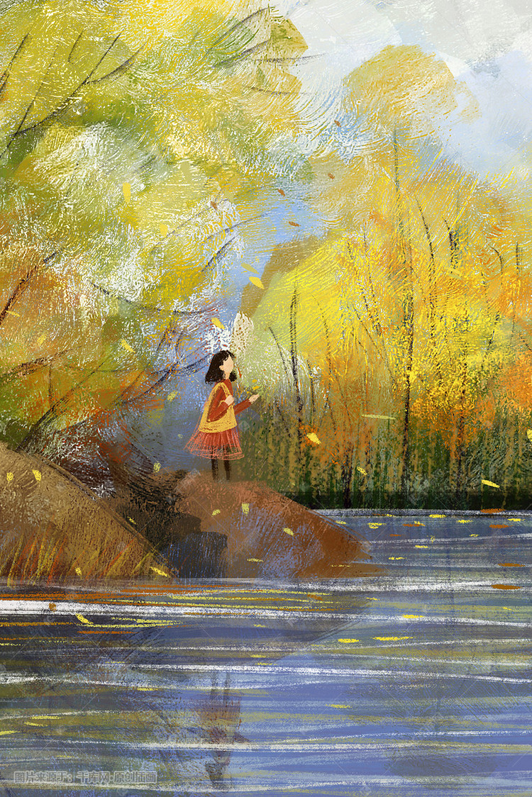 秋天油画女孩在湖边一个人