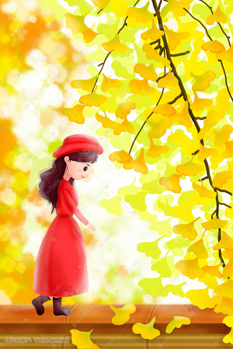 秋天秋季高墙女子树叶落叶
