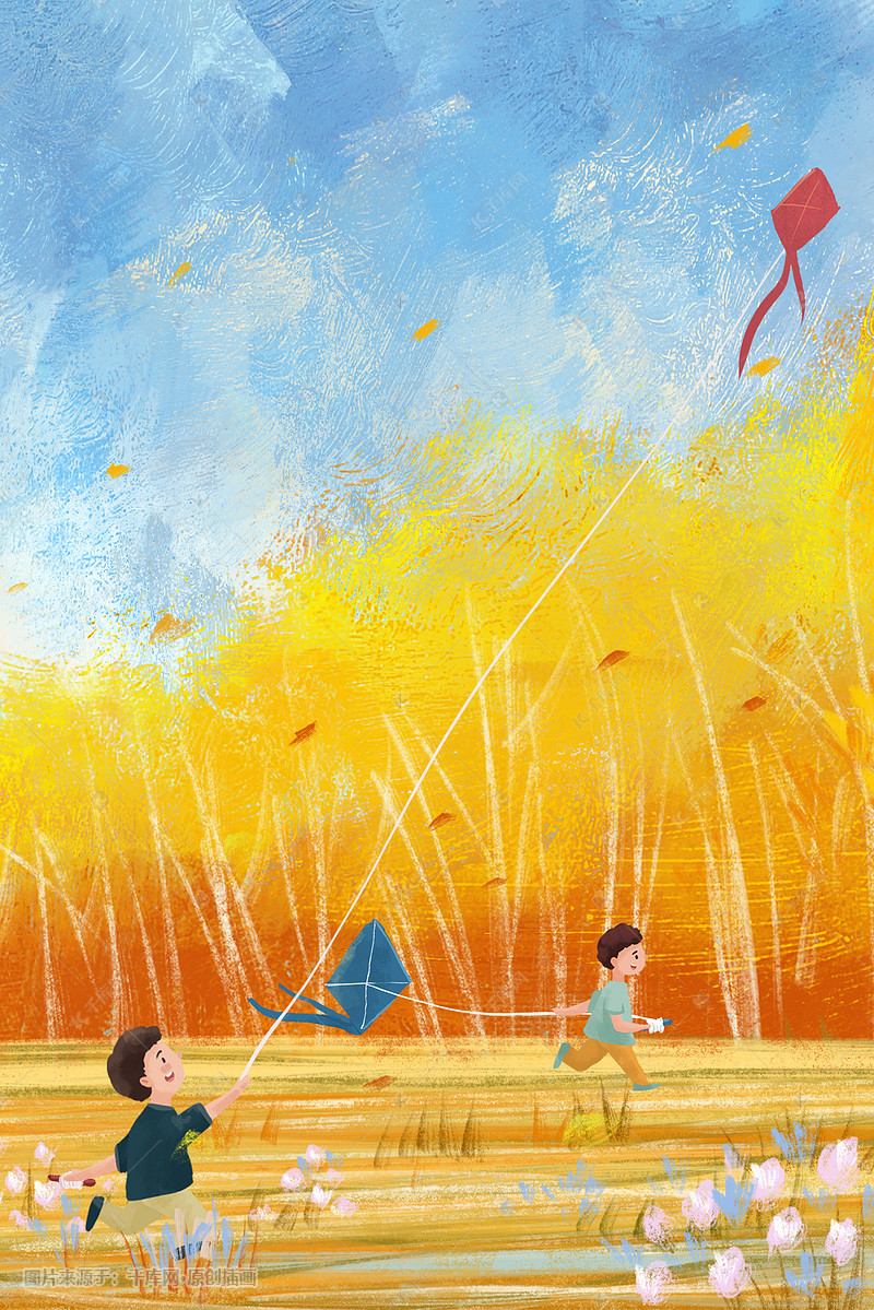 秋天风景田园放风筝奔跑场景