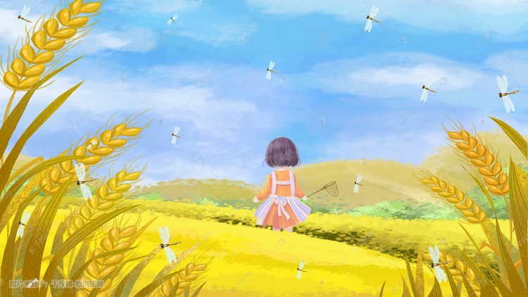 小满芒种黄色女孩麦田捕蜻蜓插画图片-千库网