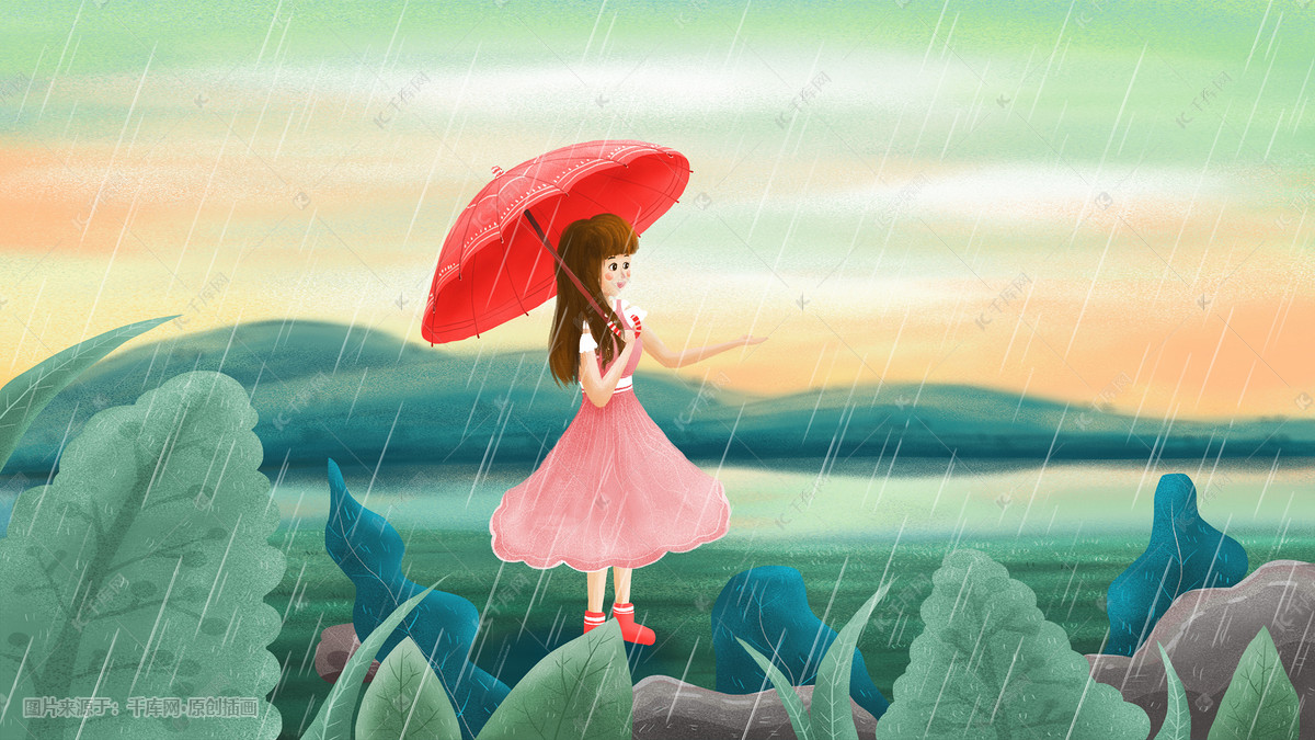 24节气清明节雨天撑伞的女孩