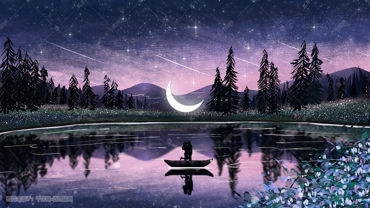 夜晚星空下情侣游湖浪漫治愈系