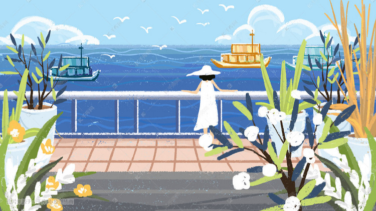 夏日小清新风景背景插画图片-千库网