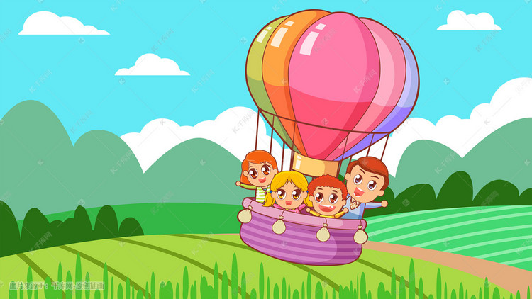 卡通六一儿童节乘坐热气球欢乐玩耍插画