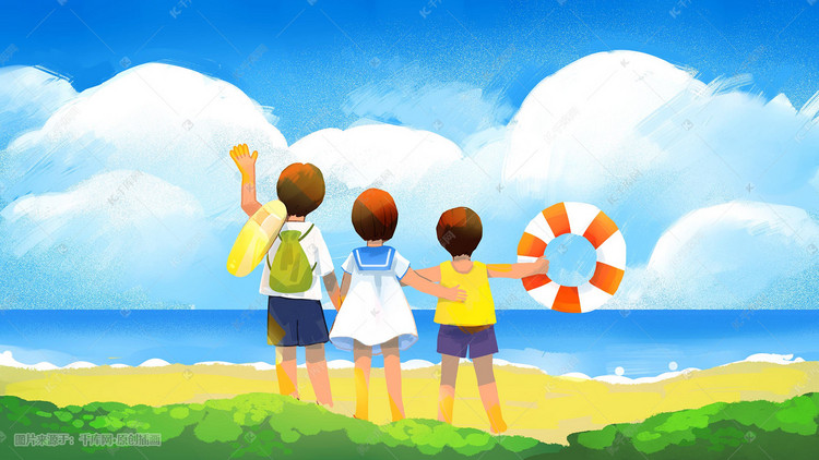 夏至凉爽沙滩游戏可爱少女少年阳光手绘插画