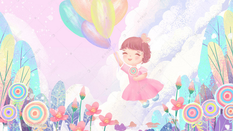 缤纷梦幻小女孩飞翔气球插画