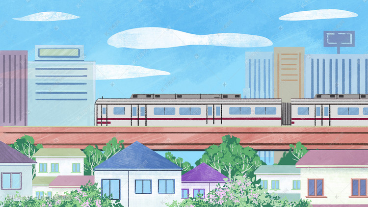 交通工具之轻轨风景城市建筑插画图片-千库网