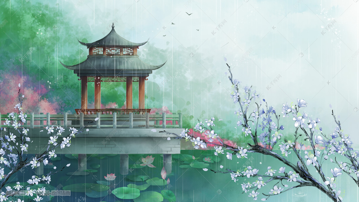 中国风雨季山水夏季凉亭白玉长廊古风场景