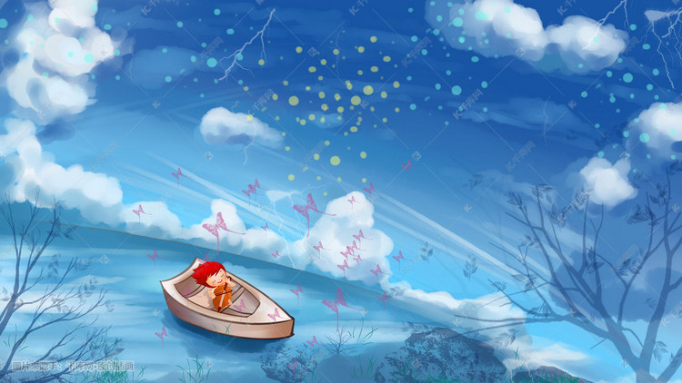乘着小船盛夏唯美插画