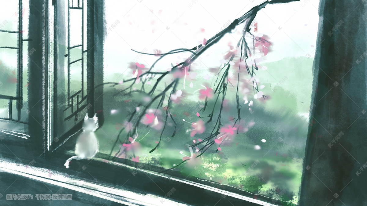 中国风青色窗外花节春季意境风景