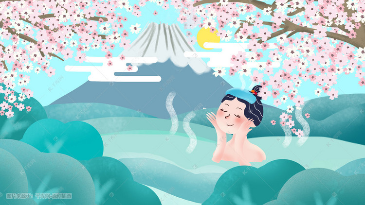 富士山温泉樱花风景图插画图片-千库网