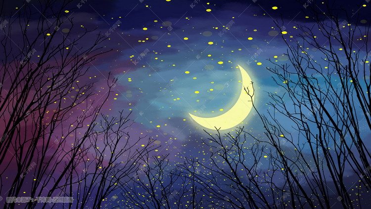 夜晚树林里的月亮与星空