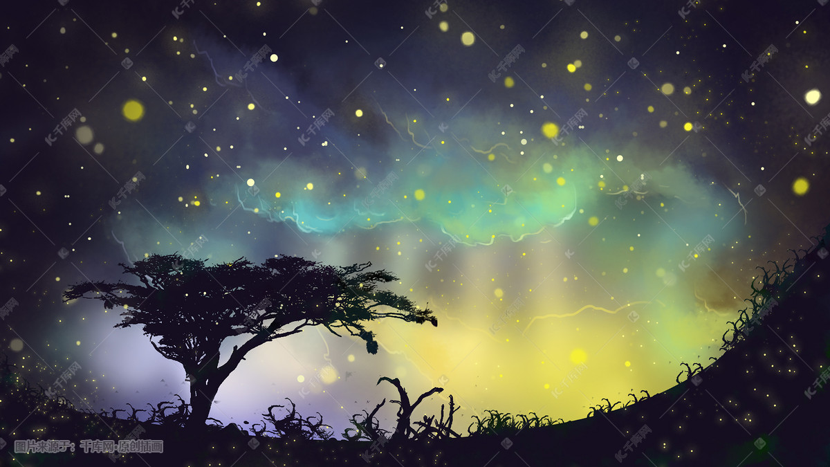 夜晚星空,树,繁星插画图片-千库网