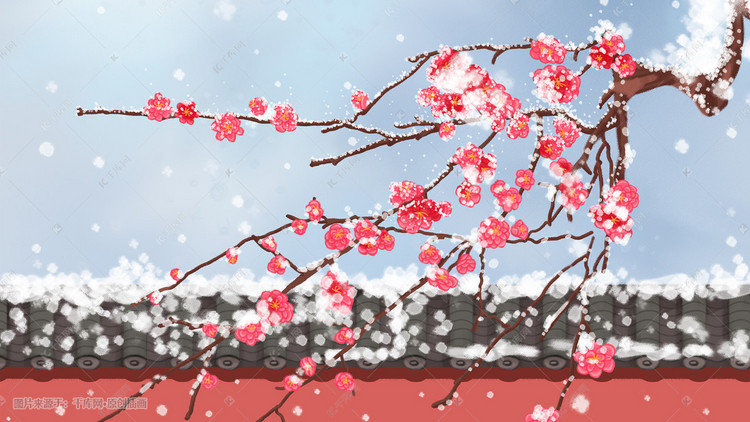 立冬冬至冬天冬季白雪红梅红墙