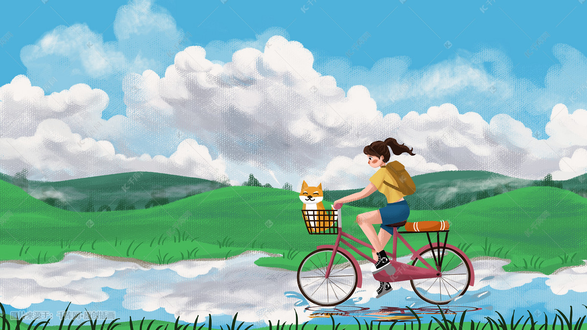 夏天夏季女孩骑自行车绿色出行小清新立夏插画图片-千