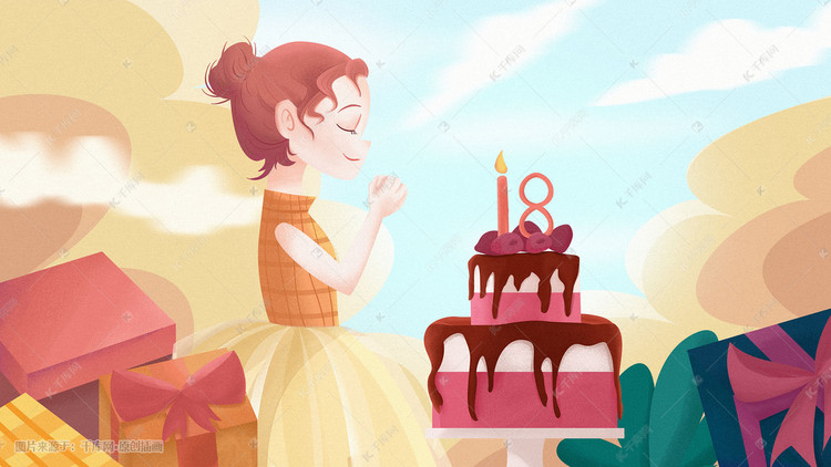 浪漫生日快乐小姑娘对着蛋糕许愿