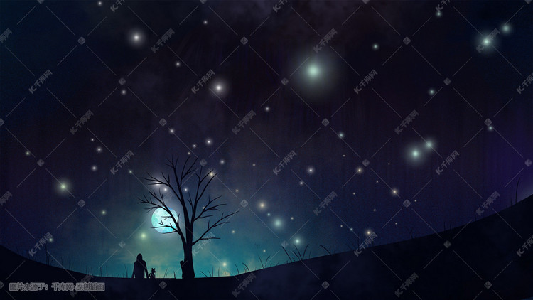 女子与狗眺望星空剪影插画