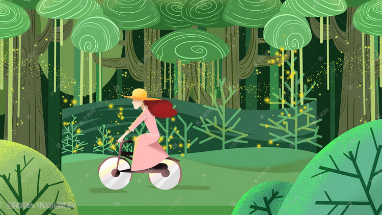 绿色系卡通手绘风夏景自行车女孩配图