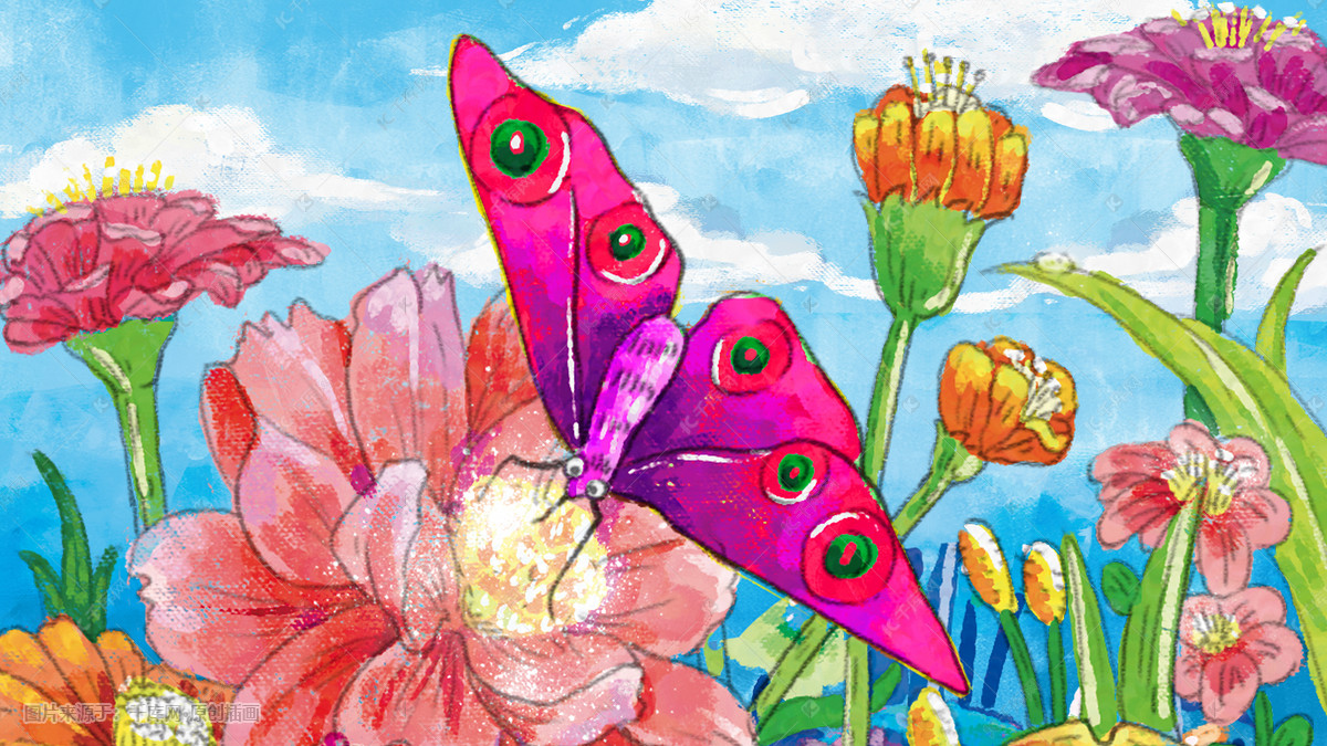 手绘春天美丽的花海蝴蝶
