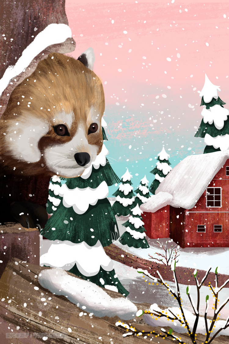 雪天小浣熊藏身树洞冬景插画图片-千库网