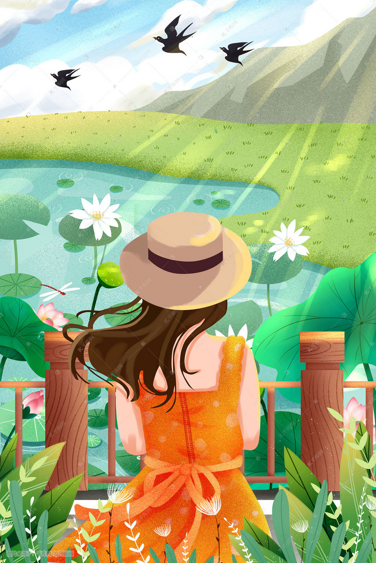 唯美卡通小清新女夏日插画