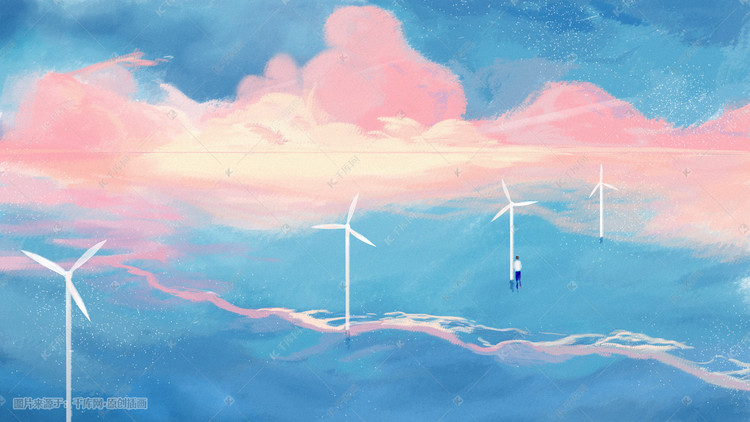 海边晚霞云海风车插画图片-千库网
