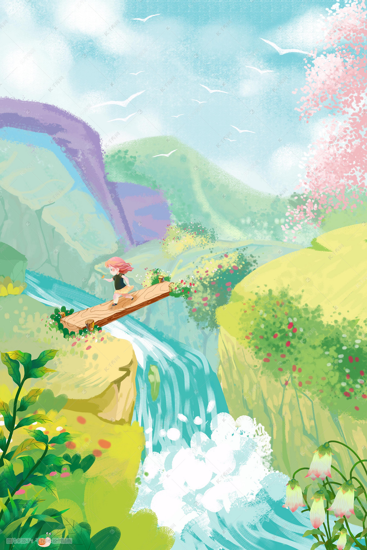 立夏夏至绿色肌理人物女孩溪水花插画图片-千库网