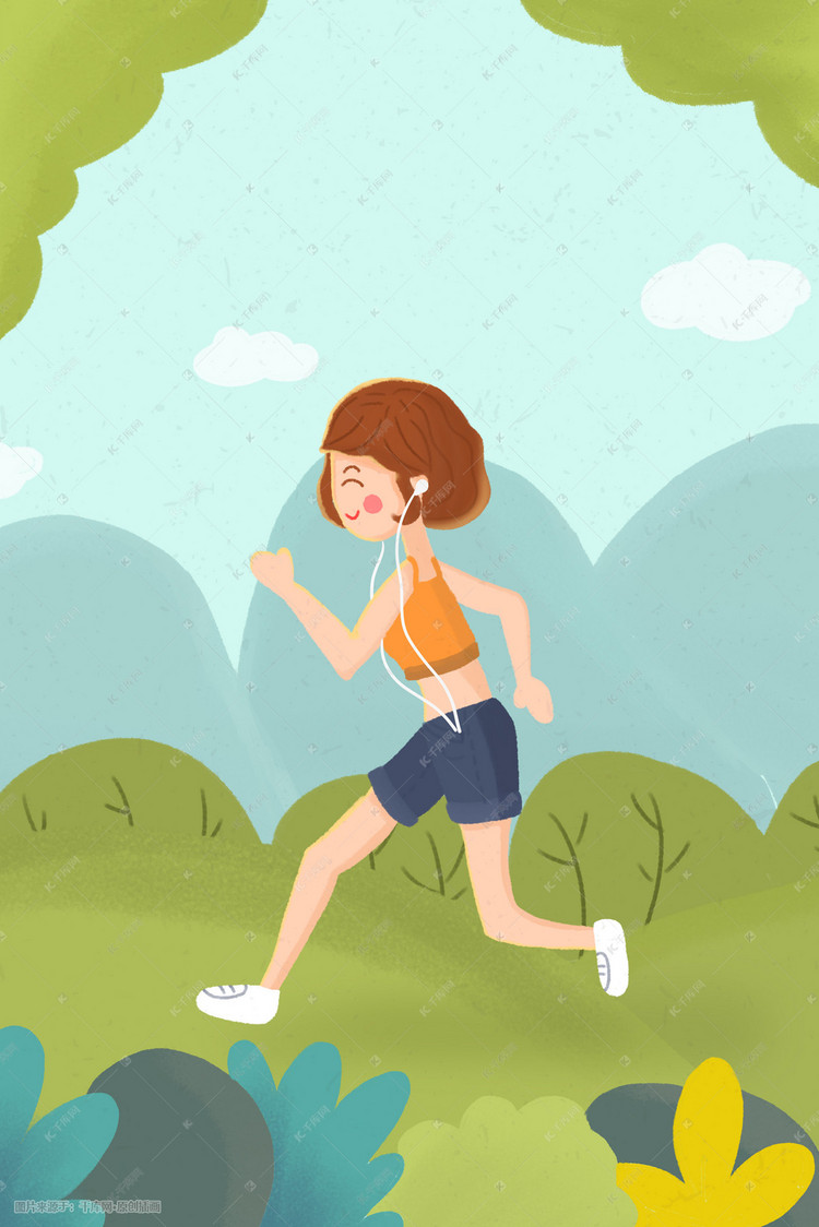 手绘女孩户外跑步运动锻炼身体插画