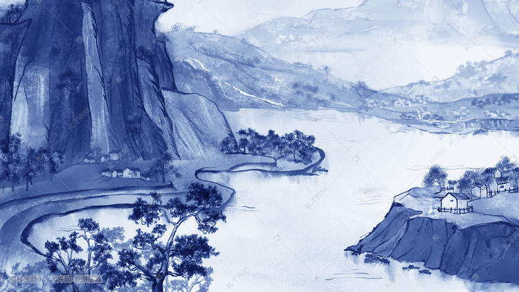 青花瓷写意山水中国风风景水墨画