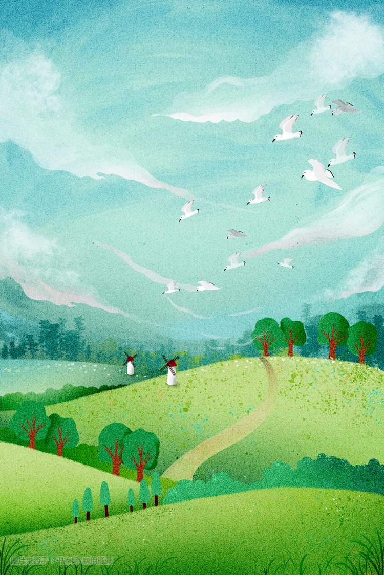 春景绿色小清新手绘插画