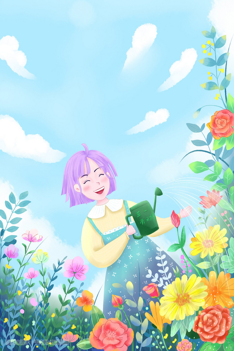 原创劳动节花园浇花的小女孩手绘插画