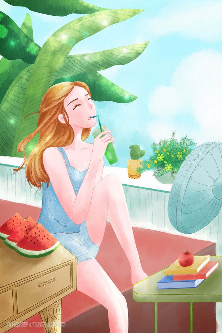 夏天喝冷饮吹风扇的女孩手绘插画