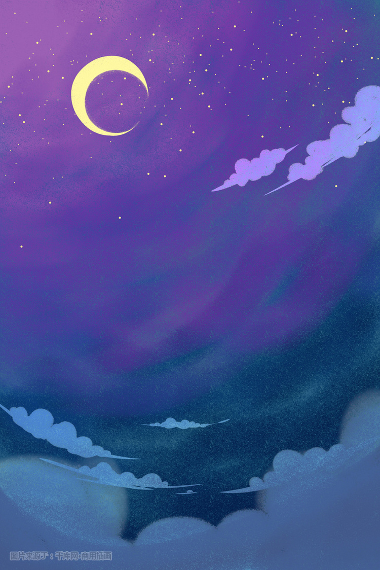 蓝紫色系简约治愈唯美浪漫星空月亮云朵背景插画图片