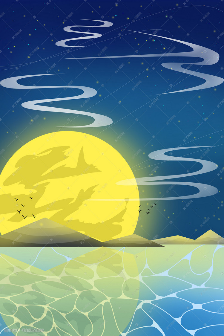 蓝色系梦幻唯美夜空中秋节月亮水面背景