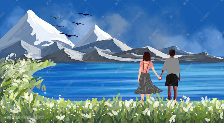 湖边看雪山的情侣