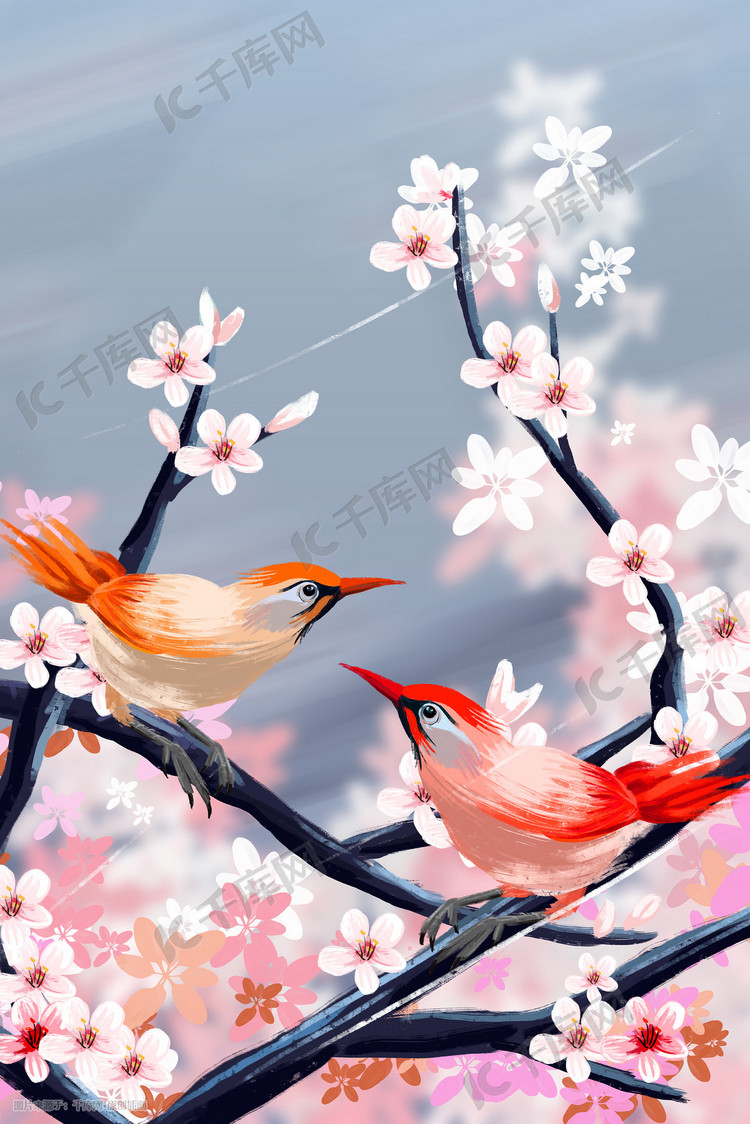 春天花鸟手绘背景