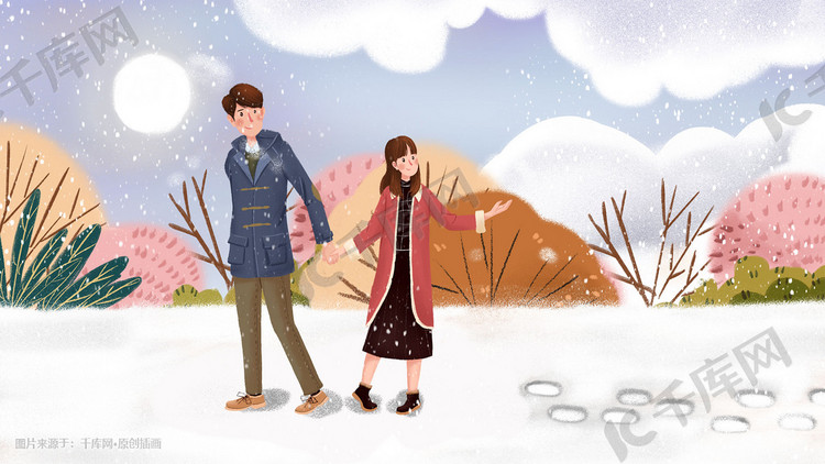 手绘小清新冬季雪中的情侣插画