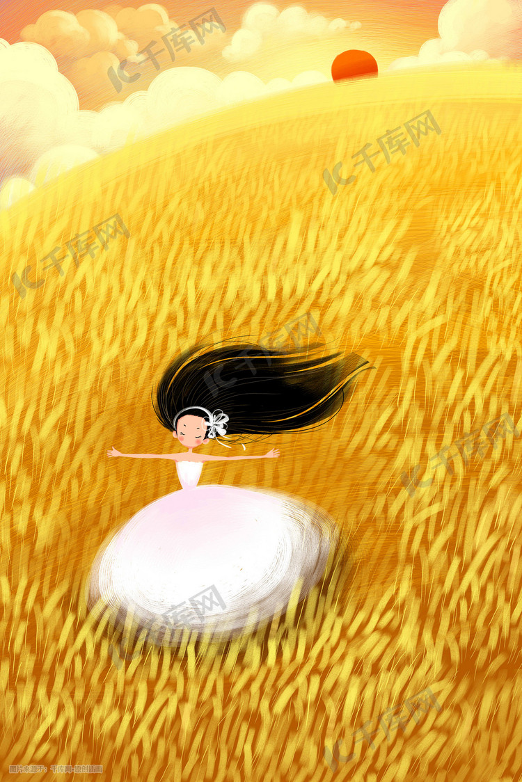 立秋八月小麦手绘背景插画