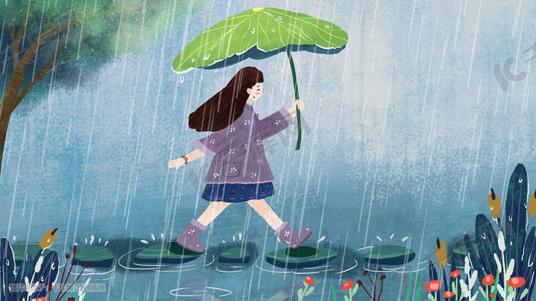 清明谷雨小女孩欢乐过河竖图