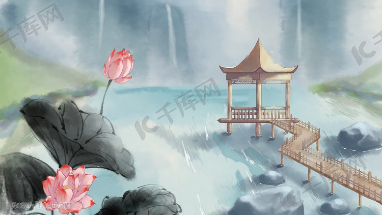 古风山水赏花游玩水墨风景插画