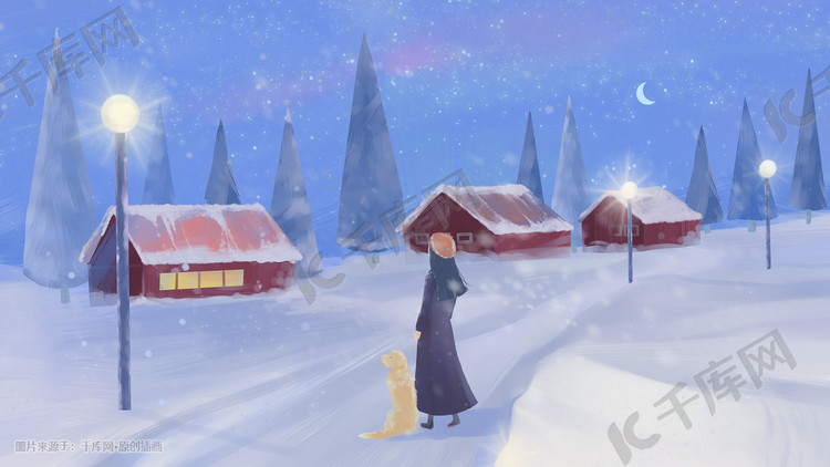 冬季故乡的大雪风景人物手绘插画