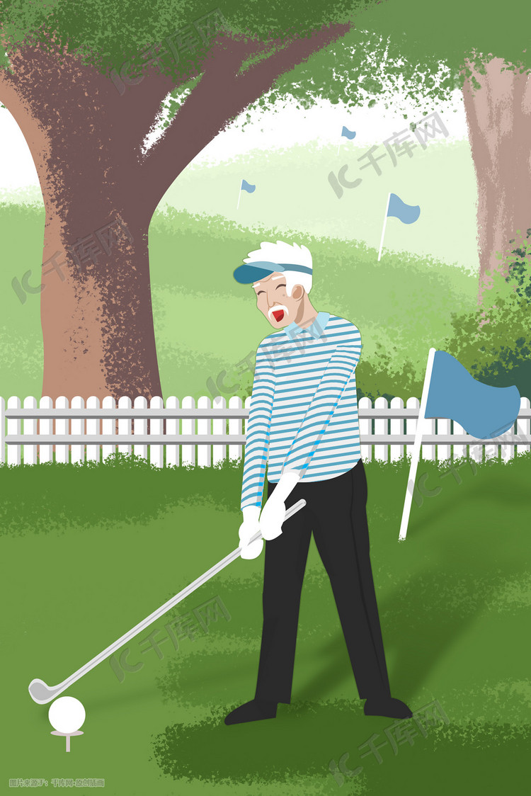 老年生活方式又要老人户外打高尔夫晨练插画